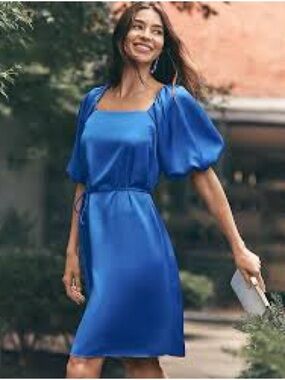 Ann Taylor Satin Square-Neck Puff-Sleeve Dress in Royal Blue